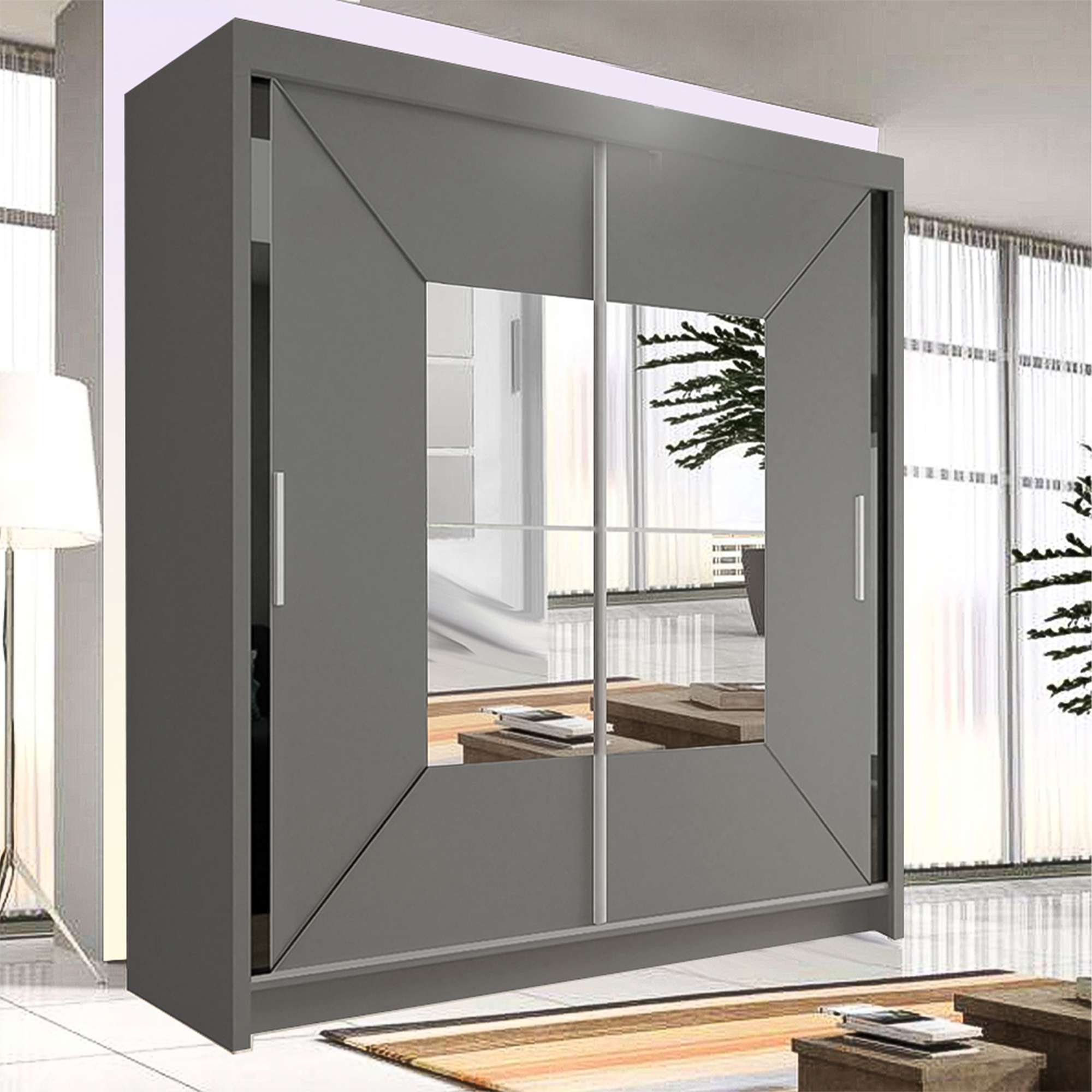Square Mirror Sliding Doors Wardrobe