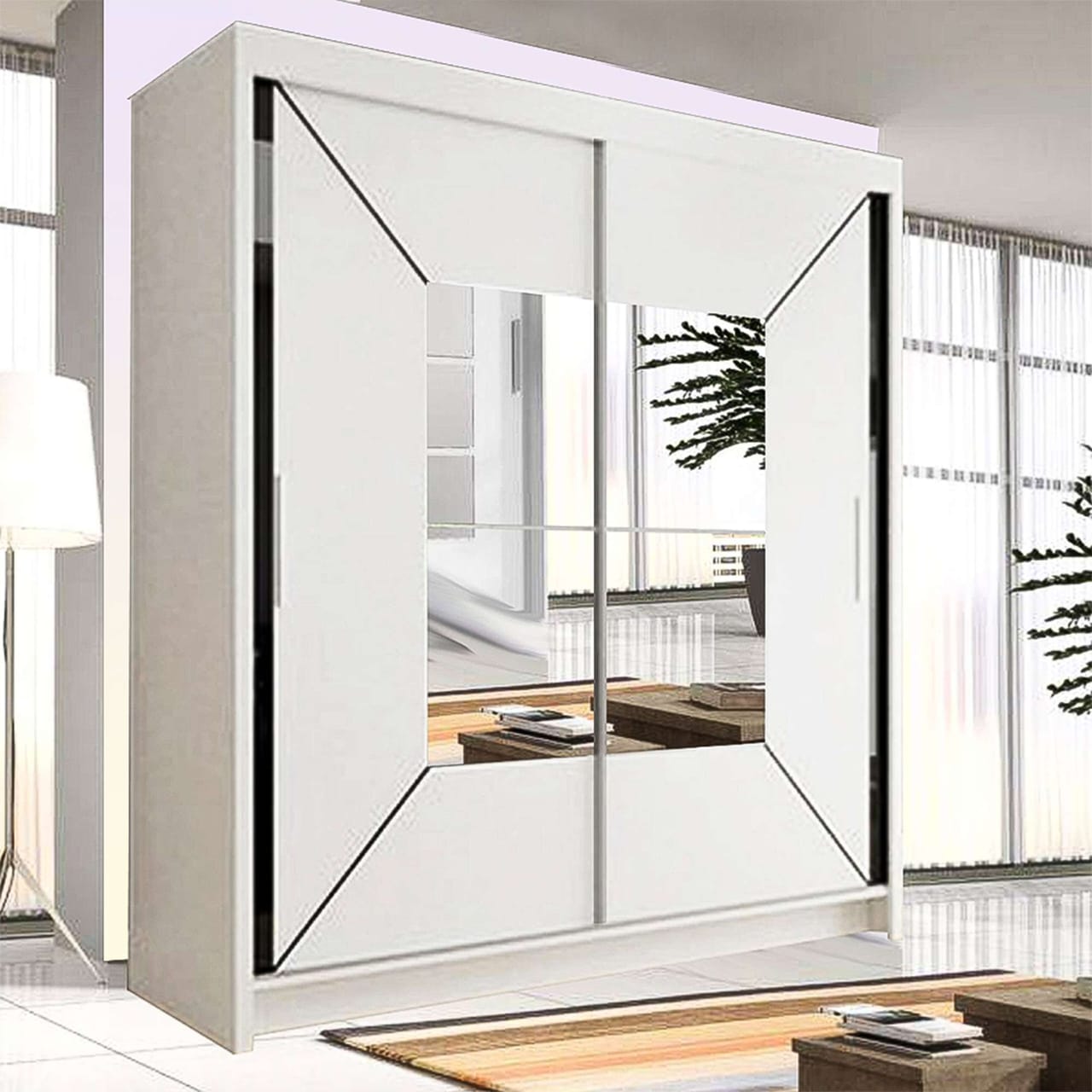 Square Mirror Sliding Doors Wardrobe